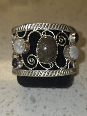 Handcrafted Silver Multi-Gemstone Cuff Bracelet - Green Centerstone